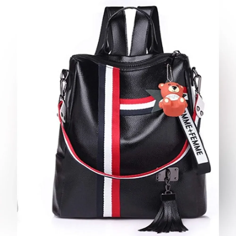 Faux Leather Black Convertible Backpack Bear Charm Work Travel Bag Overnight